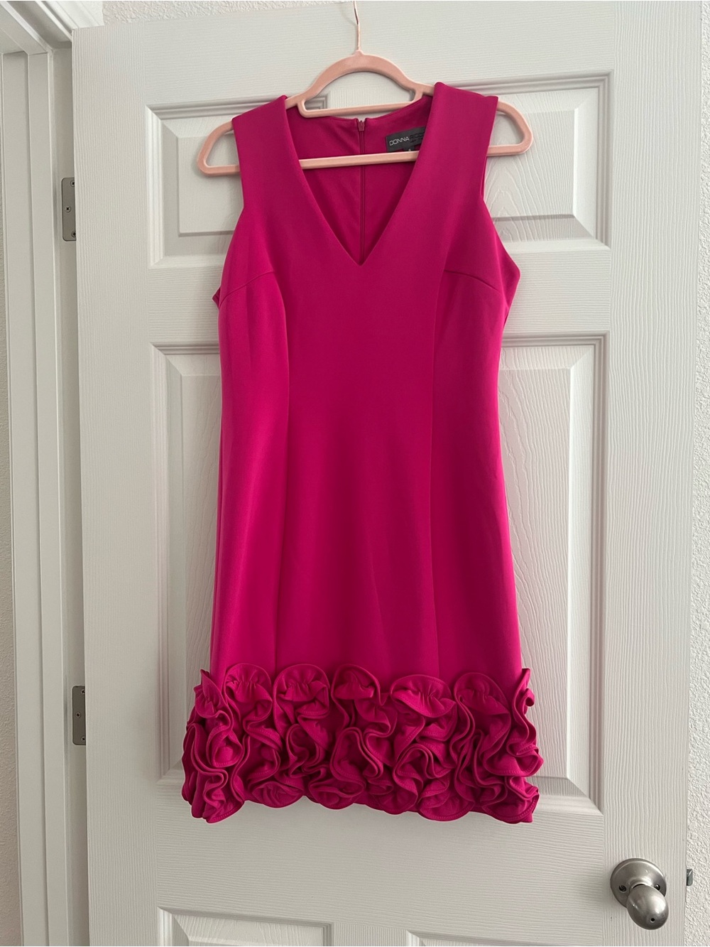 Donna Ricco Hot Pink V-Neck Sleeveless Mini Dress with Rosette Hem